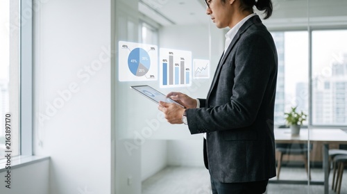 Professional businessman analyzing virtual holographic data charts and graphs on tablet in modern office, futuristic business technology for financial growth