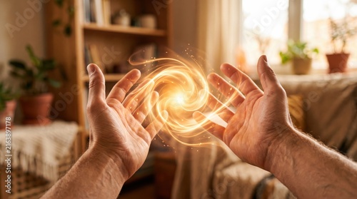 Pair of male hands holding a swirling ball of magical golden light energy, symbolizing spiritual healing, chakra balance, alternative medicine therapy, mysticism
