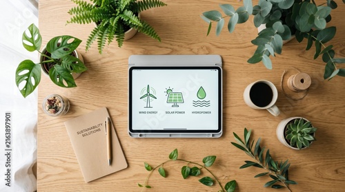 Top view of wooden desk with tablet displaying wind solar and hydro power icons surrounded by green plants notebook coffee cup sustainability ecology renewable energy environment