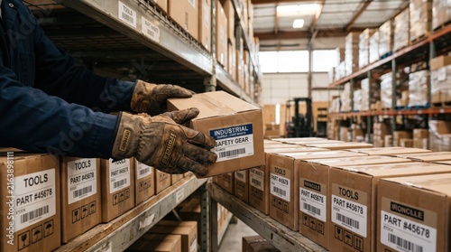 Warehouse worker hands handling cardboard boxes labeled tools and safety gear on metal shelving units, illustrating logistics management, inventory control, supply chain operations