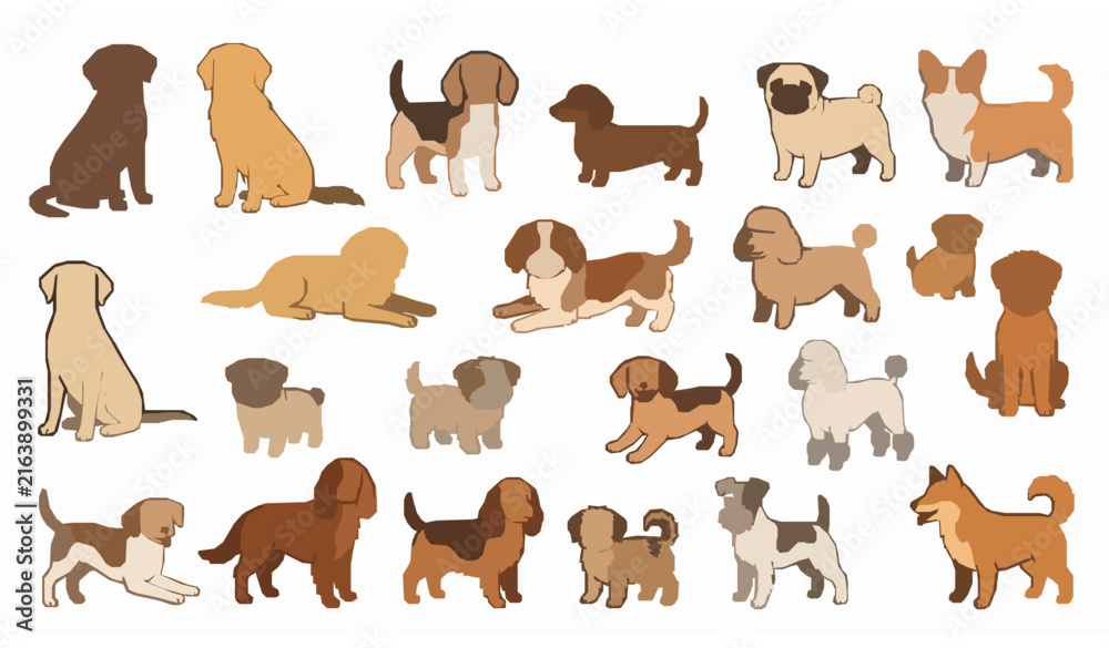 Fototapeta premium Cute Dog and Puppy Collection – Lovable Pets in Different Poses Vector Illustration Prompt