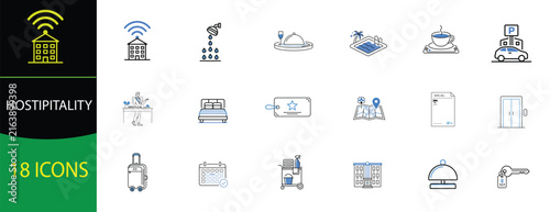 Hotel and Hospitality Line Icon Set Vector – Accommodation, Room Service, Travel and Guest Services Icons