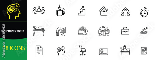 Corporate Work and Business Office Icon Set -Teamwork, Productivity, Management, Meeting and Workplace Activities Vector Collection 