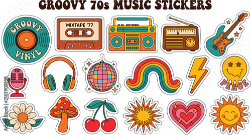 Set of groovy 70s music stickers featuring vinyl record cassette tape boombox radio electric guitar disco elements retro stickers vintage sticker