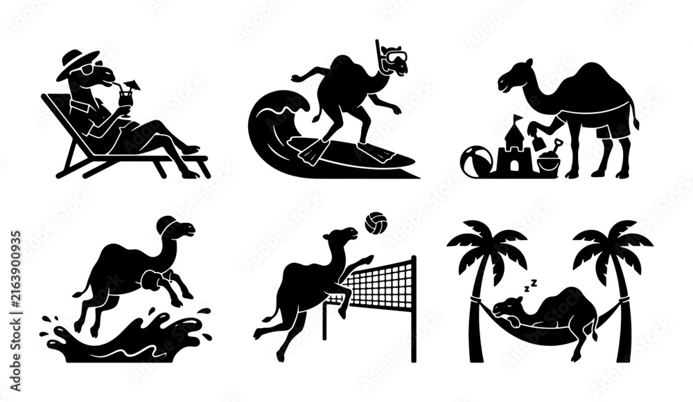 Fototapeta premium Camel Vacation Icons, Desert Animals Enjoying Beach Activities, Surfing, Volleyball, Relaxation, Set