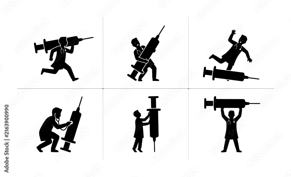 Obraz premium Medical Syringe Icon Set, Doctor and Patient Silhouette Illustrations, Healthcare and Vaccination Concepts, 6 Vector Graphics