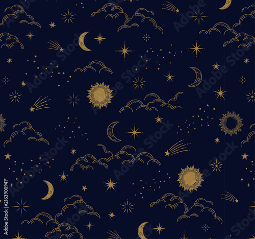 アンティーク風のおしゃれな天体のパターン　太陽　月　雲　星　シームレスな背景装飾イラスト　柄
