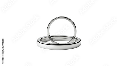 Shiny silver wedding rings interlocked on white background with embrace on transparent background