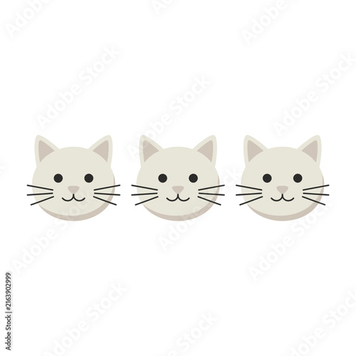 Three cartoon cat faces with whiskers and smiling expressions on white background