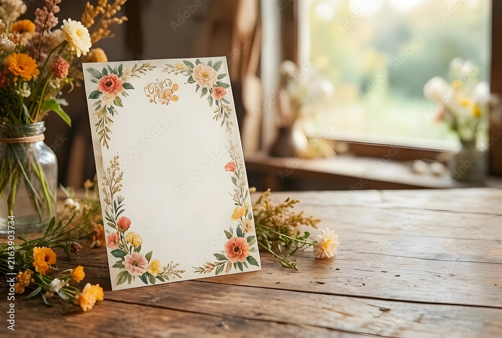 Fototapeta premium Wedding invitation mockup with floral border blank card for custom text rustic wooden table with flowers event announcements