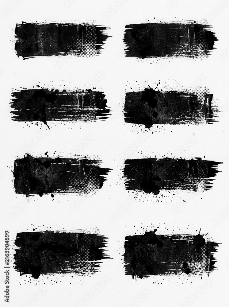 Fototapeta premium Set of eight black grunge ink brush strokes and splatters with halftone texture on white background