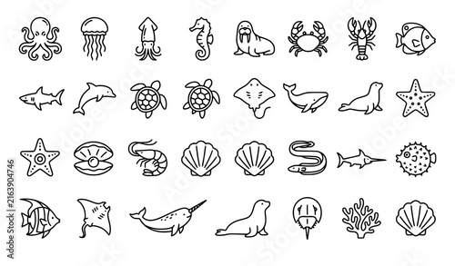 Photography Marine animals outline icons set with octopus shark dolphin turtle crab jellyfis