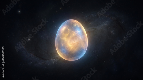 Glowing cosmic egg floating in deep space with nebula background and starlight.