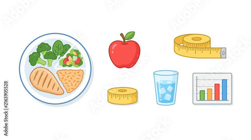 Healthy Diet and Fitness Lifestyle Elements Flat Vector Icon Set Featuring Nutritious Meals and Progress Tracking Tools