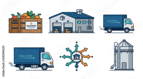 Logistics and Agricultural Distribution Flat Vector Icon Collection Representing Warehouse Storage and Transport Processes