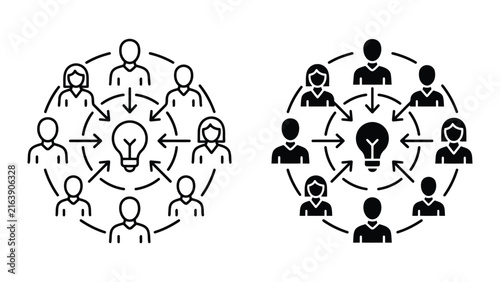 Collaborative team brainstorming process vector icons with collaboration