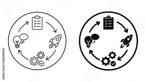 Project management workflow and business development cycle icons with workflow