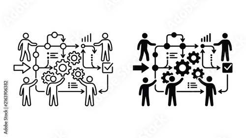 Business team workflow optimization icons with gears and checkmarks, workflow