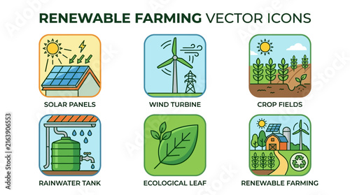 Renewable Farming and Sustainable Energy Vector Icons Set Featuring Solar Panels Wind Turbines and Ecological Agriculture