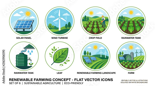 Set of Renewable Farming Concept Icons Featuring Sustainable Agriculture and Eco Friendly Technology Practices
