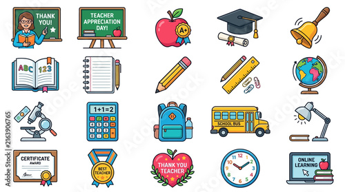Collection of colorful Teacher Appreciation Day icons featuring school supplies and classroom learning environment elements