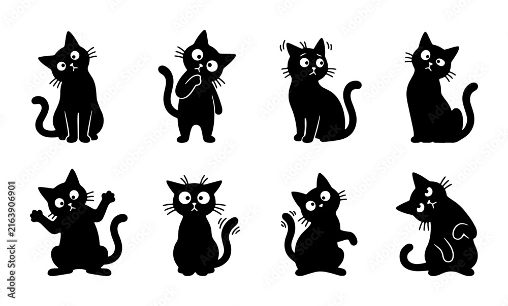 Obraz premium Set of 8 Black Cat Silhouettes, Expressive Cartoon Felines, Cute Pet Characters, Whimsical Animal Icons, Vector Graphics for Design