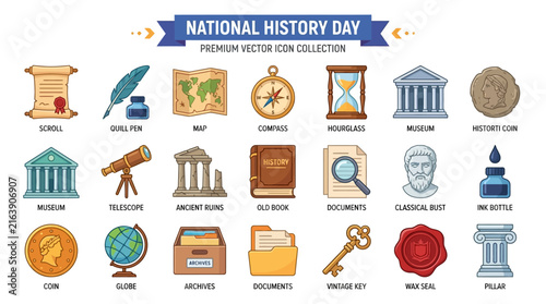 Vector Icon Set Representing National History Day Themes With Educational Objects and Ancient Artifacts