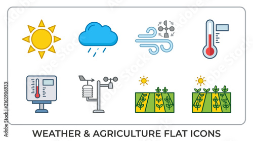 Set of Flat Vector Icons Illustrating Various Weather Conditions and Agriculture Farming Practices