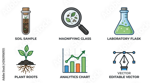 A collection of flat vector icons featuring scientific research tools, environmental analysis equipment, and data visualization analytics charts