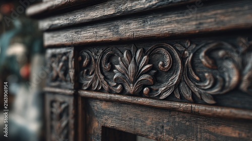 Intricate wood carving detail close up