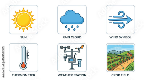 Weather Icons and Agriculture Symbol Set Featuring Editable Vector Illustrations for Meteorological Monitoring and Farming