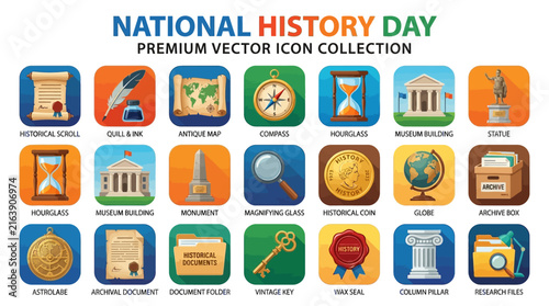 Vector icon set of National History Day celebration featuring historical research tools and ancient artifacts for educational projects