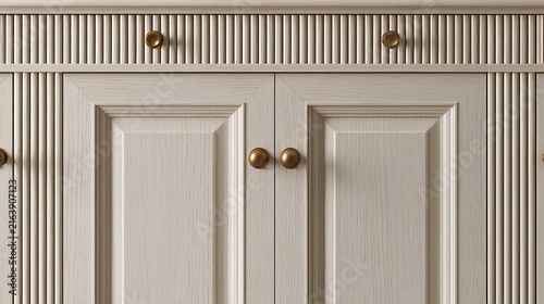 Elegant light grey cabinet with fluted wood details and round metallic knobs.