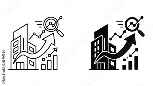 Corporate growth analysis with magnifying glass and buildings, building