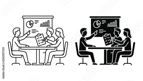 Business team reviewing performance charts and reports icon set with analysis