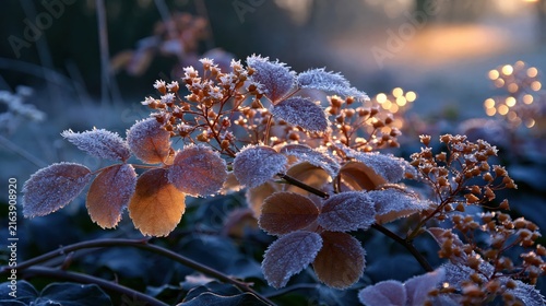 Frost covered plant branches with soft morning sunlight and bokeh background in a cold natural setting