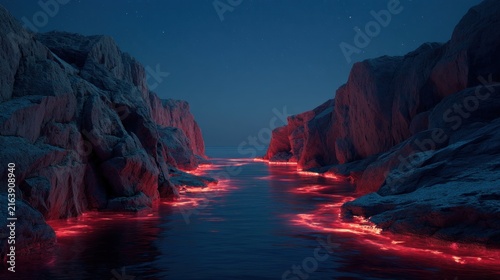 Glowing river between rocky mountains