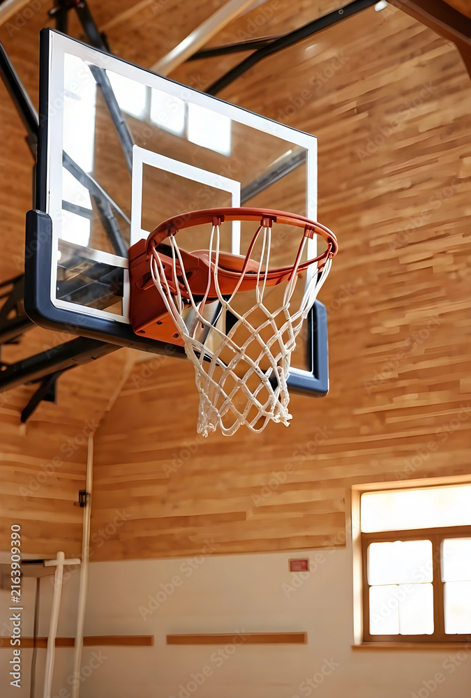 Naklejka premium Basketball court and sports activity, indoor gymnasium with hoop and backboard, athletic training and healthy lifestyle