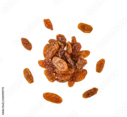 Yellow raisin isolated on white background with. Top view.