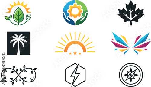 Abstract Vector Corporate Logo Icons Set Featuring Green Energy Leaf, Engineering Gear Hands, Maple Leaf, Palm Tree, Sunrise Stars, Colorful Geometric Wings, Lightning, Compass, and Infinity Vine
