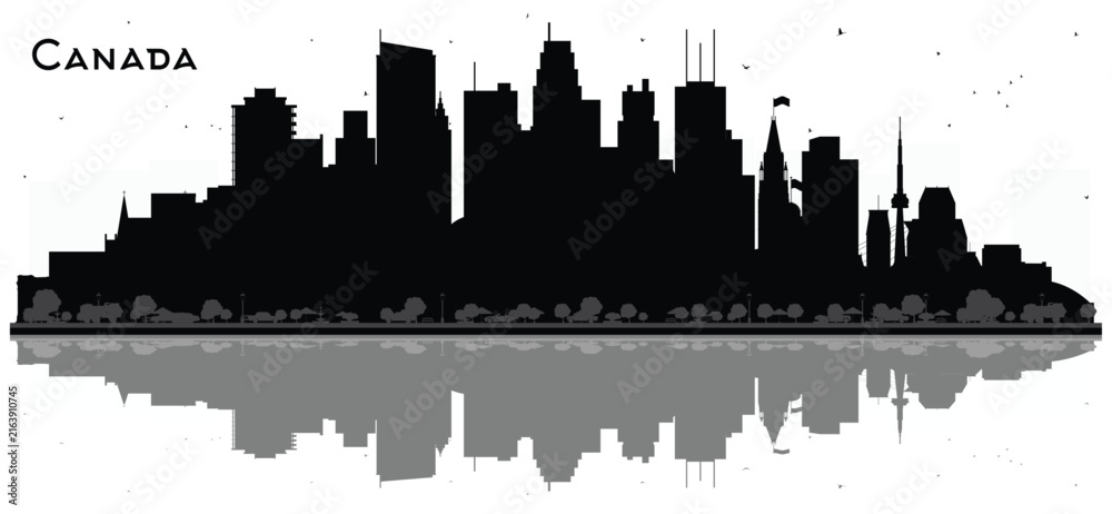 Fototapeta premium Canada City Skyline Silhouette with Black Buildings Isolated on White. Illustration. Concept with Historic Architecture. Canada Cityscape with Landmarks. Ottawa. Toronto. Montreal. Vancouver.