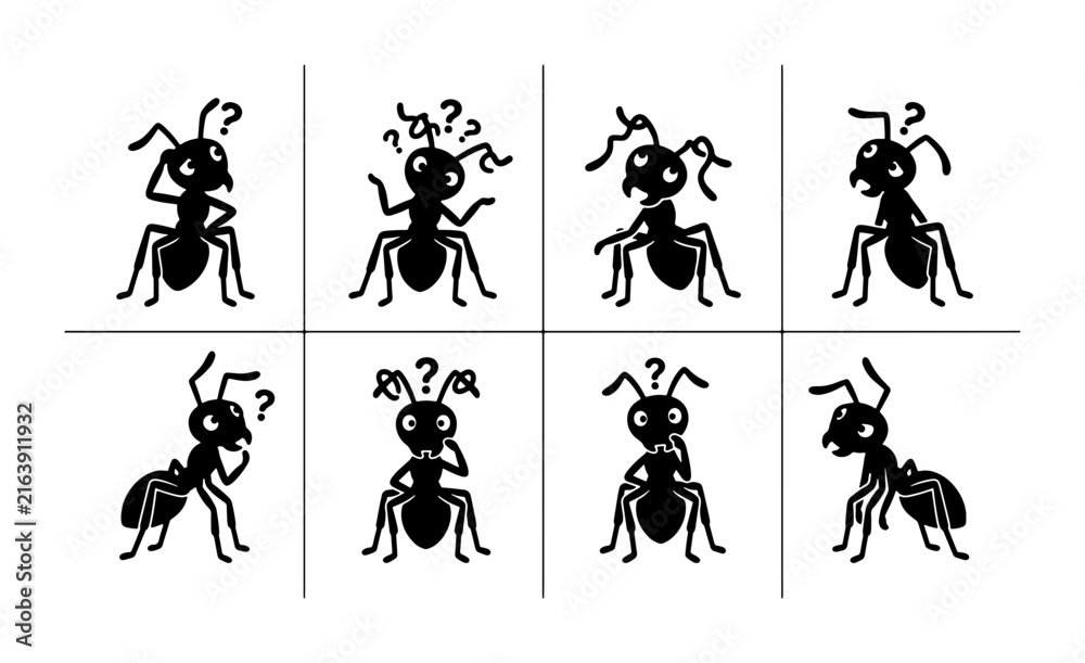 Fototapeta premium Confused Ant Icons, Question Mark Expressions, Insect Poses, Vector Graphics for Biology and Science Concepts