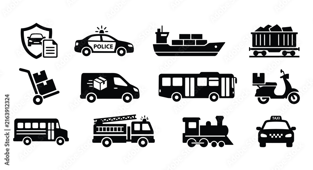 Fototapeta premium Collection of black vector transportation icons on a white background