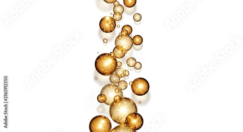 Elegant vertical string of golden christmas ornament spheres on white background