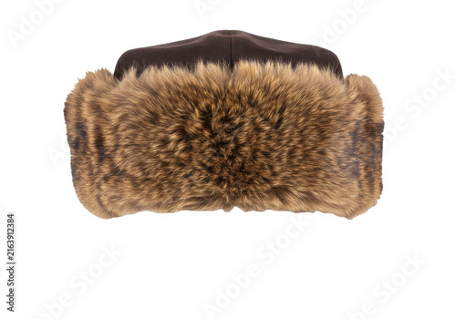 Luxurious brown fur ushanka hat with distinctive textured ear flaps isolated white background
