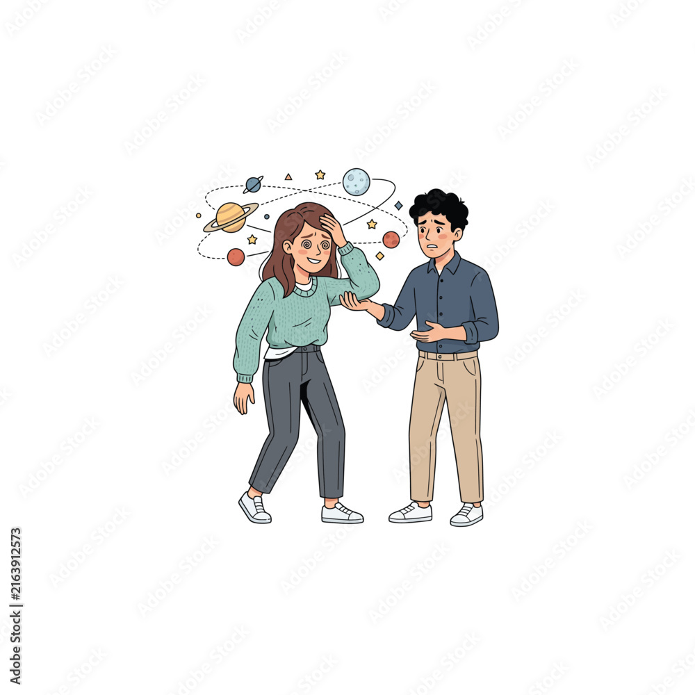 Fototapeta premium Dizzy Woman Illustration with Orbiting Planets and Concerned Man