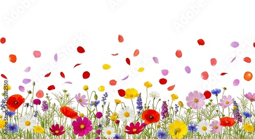 Wildflower meadow with falling petals isolated on white background, wildflowers