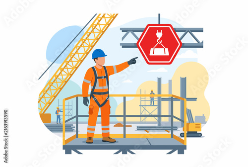 Construction Worker Pointing at Safety Sign on Industrial Site