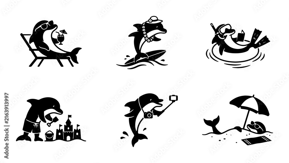 Obraz premium Summer Vacation Dolphin Icons Set, Beach Holiday Marine Mammal Vector Graphics, Ocean Fun Aquatic Animal Illustrations for Travel and Leisure
