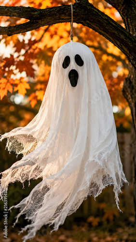 Halloween ghost decoration hanging from a tree in autumn  